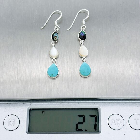 New With Tags Sterling Silver 925 Paua Shell Mother of Pearl Magnesite Dangle Ea - Picture 7 of 7